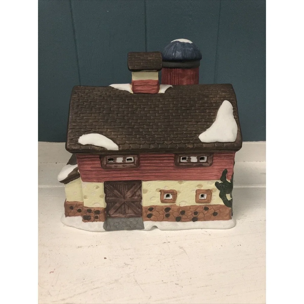 Ceramic Christmas Village Small Barn with Red Silo Snowy Accents 6.5